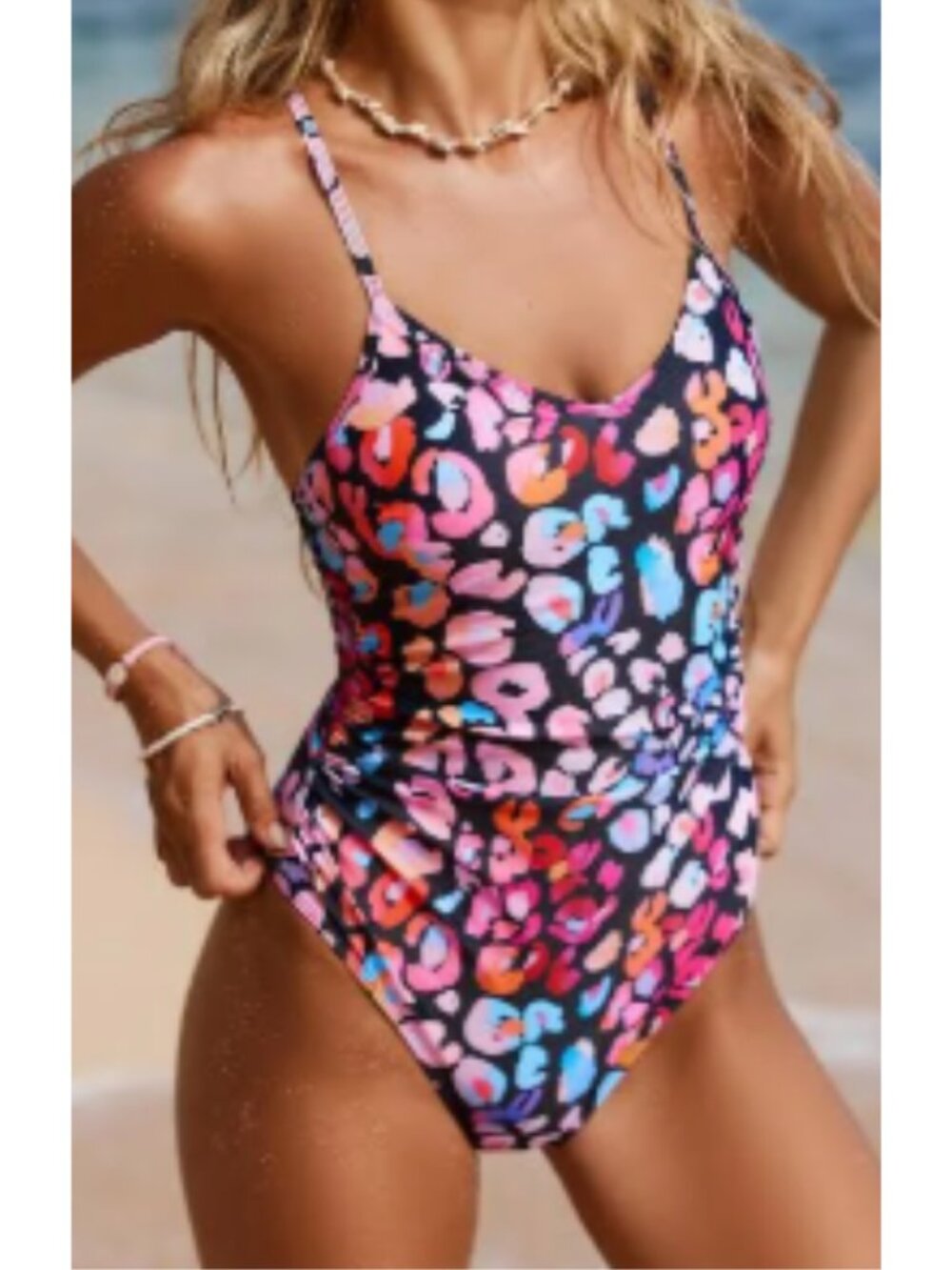 NWT Cupshe Multicolored Leopard Medium Ring Accent One Piece Swimsuit Black